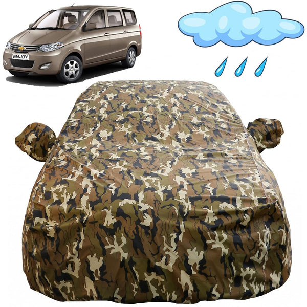 Autofact Enjoy Car Cover - FlexGuard - Waterproof Car Body Cover for Chevrolet Enjoy - With Mirror Pockets, Triple Stitched, Bottom Fully Elastic, Adjustable Belt and Buckle (Camouflage)