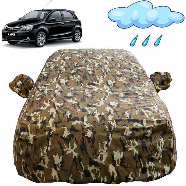 Autofact Etios Liva Car Cover - FlexGuard - Waterproof Car Body Cover for Toyota Etios Liva - With Mirror Pockets, Triple Stitched, Bottom Fully Elastic, Adjustable Belt and Buckle (Camouflage)