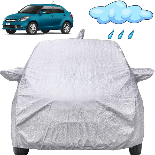 Autofact Swift Dzire 2012 to 2016 Car Cover - FlexGuard - Waterproof Car Body Cover for Maruti Swift Dzire 2012 to 2016 - With Mirror & Antenna Pockets, Triple Stitched, Bottom Fully Elastic, Adjustable Belt and Buckle (Silver)