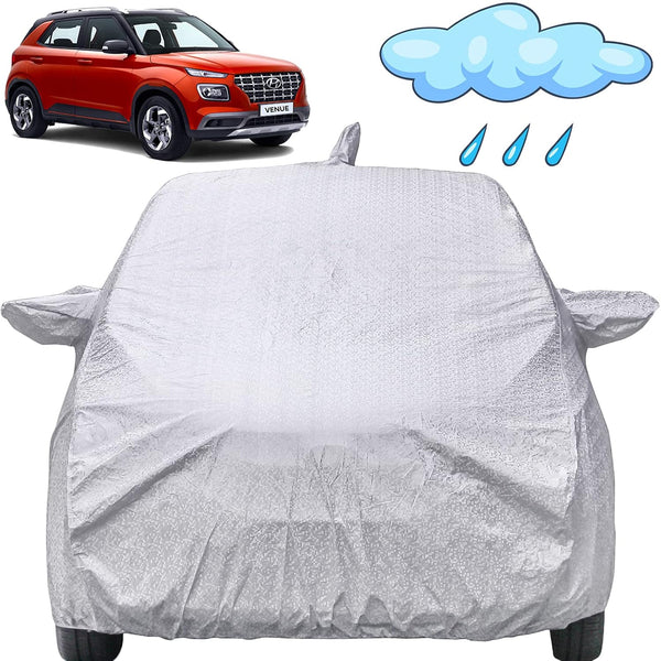 Autofact Venue Car Cover - FlexGuard - Waterproof Car Body Cover for Hyundai Venue - With Mirror & Antenna Pockets, Triple Stitched, Bottom Fully Elastic, Adjustable Belt and Buckle (Silver)