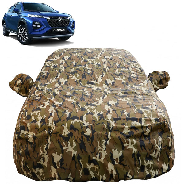 Autofact Fronx Car Cover - FlexGuard - Waterproof Car Body Cover for Maruti Fronx - With Mirror Pockets, Triple Stitched, Bottom Fully Elastic, Adjustable Belt and Buckle (Camouflage)
