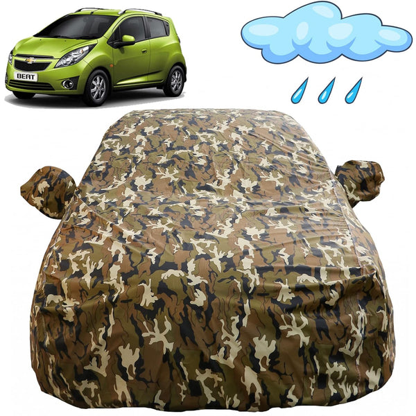 Autofact Beat Car Cover - FlexGuard - Waterproof Car Body Cover for Chevrolet Beat - With Mirror Pockets, Triple Stitched, Bottom Fully Elastic, Adjustable Belt and Buckle (Camouflage)