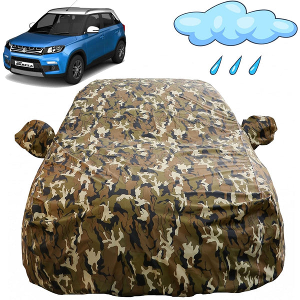 Autofact Brezza Car Cover - FlexGuard - Waterproof Car Body Cover for Maruti Brezza - With Mirror Pockets, Triple Stitched, Bottom Fully Elastic, Adjustable Belt and Buckle (Camouflage)