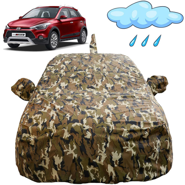 Autofact i20 Active Car Cover - FlexGuard - Waterproof Car Body Cover for Hyundai i20 Active - With Mirror & Antenna Pockets, Triple Stitched, Bottom Fully Elastic, Adjustable Belt and Buckle (Camouflage)