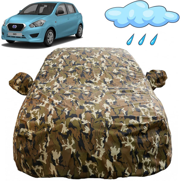 Autofact Datsun Go Car Cover - FlexGuard - Waterproof Car Body Cover for Nissan Datsun Go - With Mirror Pockets, Triple Stitched, Bottom Fully Elastic, Adjustable Belt and Buckle (Camouflage)