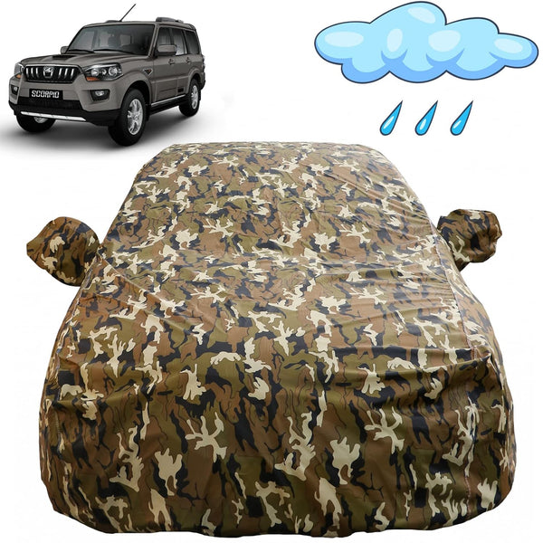 Autofact Scorpio Car Cover - FlexGuard - Waterproof Car Body Cover for Mahindra Scorpio - With Mirror Pockets, Triple Stitched, Bottom Fully Elastic, Adjustable Belt and Buckle (Camouflage)