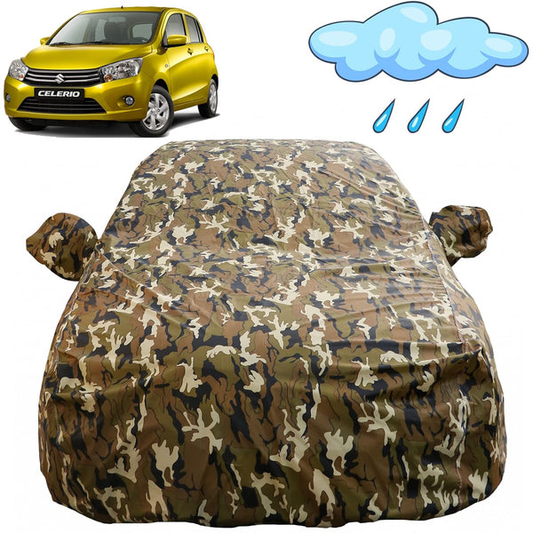 Autofact Celerio Old Model Car Cover - FlexGuard - Waterproof Car Body Cover for Maruti Celerio Old Model - With Mirror Pockets, Triple Stitched, Bottom Fully Elastic, Adjustable Belt and Buckle (Camouflage)