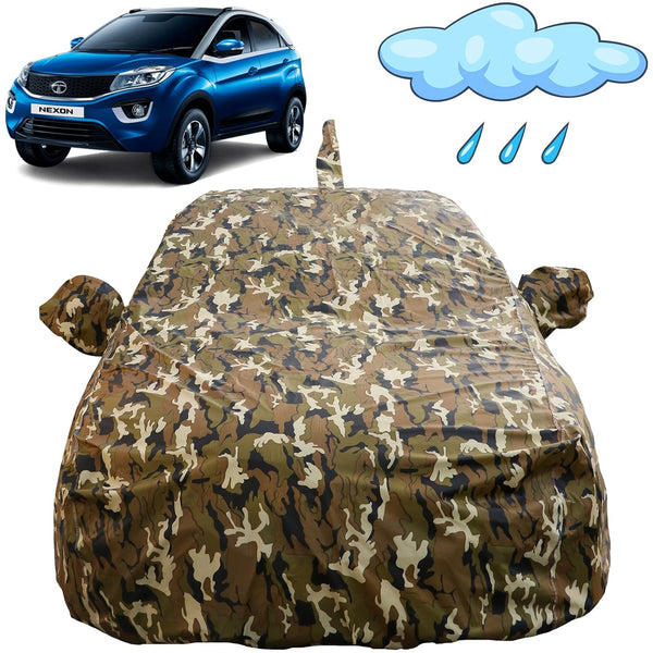 Autofact Nexon Car Cover - FlexGuard - Waterproof Car Body Cover for Tata Nexon - With Mirror & Antenna Pockets, Triple Stitched, Bottom Fully Elastic, Adjustable Belt and Buckle (Camouflage)