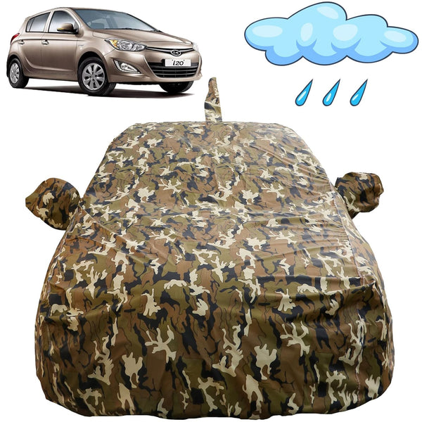 Autofact Old i20 Car Cover - FlexGuard - Waterproof Car Body Cover for Hyundai Old i20 - With Mirror & Antenna Pockets, Triple Stitched, Bottom Fully Elastic, Adjustable Belt and Buckle (Camouflage)