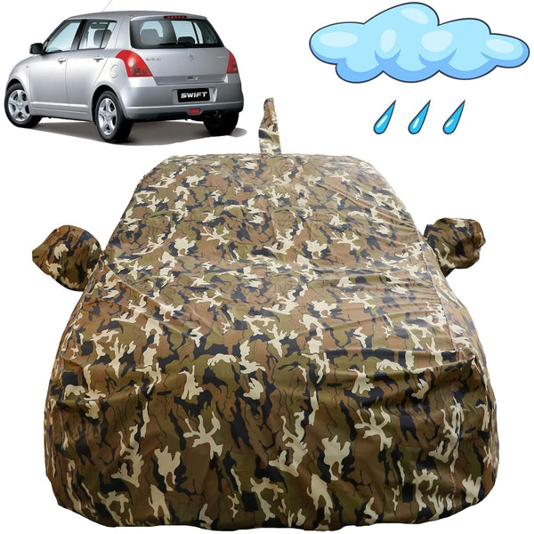 Autofact Swift Old Model Car Cover - FlexGuard - Waterproof Car Body Cover for Maruti Swift Old Model - With Mirror & Antenna Pockets, Triple Stitched, Bottom Fully Elastic, Adjustable Belt and Buckle (Camouflage)