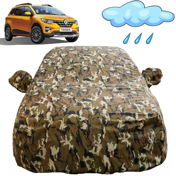 Autofact Triber Car Cover - FlexGuard - Waterproof Car Body Cover for Renaults Triber - With Mirror Pockets, Triple Stitched, Bottom Fully Elastic, Adjustable Belt and Buckle (Camouflage)
