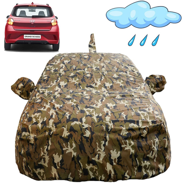 Autofact Grand I10 Nios Car Cover - FlexGuard - Waterproof Car Body Cover for Hyundai Grand I10 Nios - With Mirror & Antenna Pockets, Triple Stitched, Bottom Fully Elastic, Adjustable Belt and Buckle (Camouflage)
