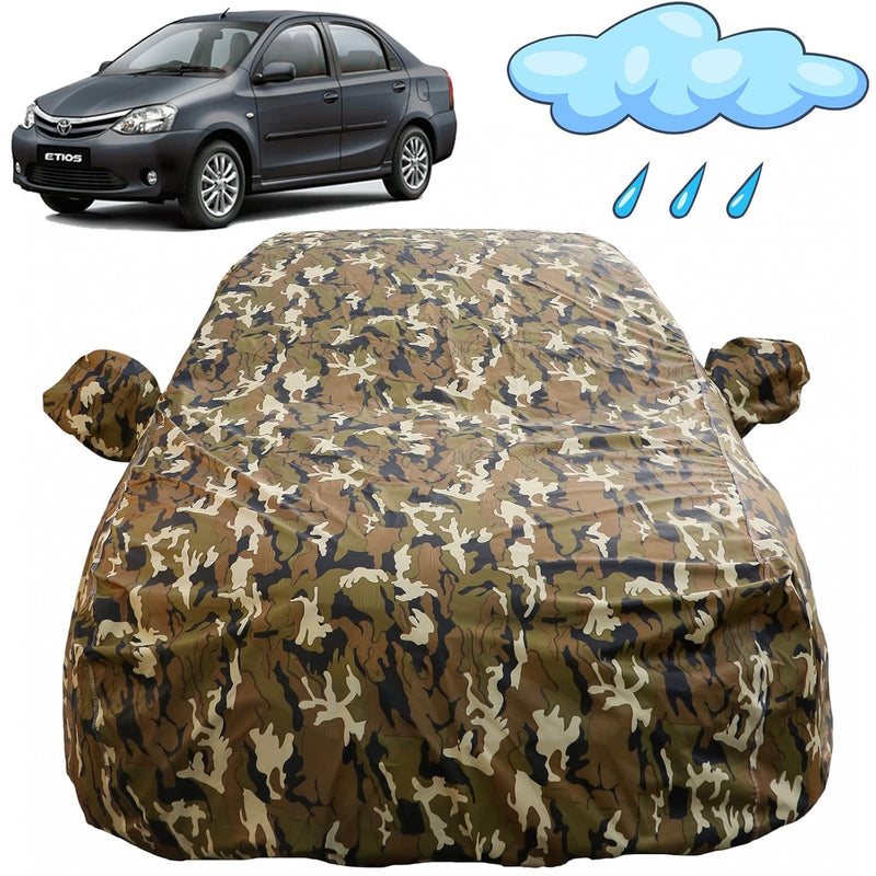 Autofact Etios Car Cover - FlexGuard - Waterproof Car Body Cover for Toyota Etios - With Mirror Pockets, Triple Stitched, Bottom Fully Elastic, Adjustable Belt and Buckle (Camouflage)