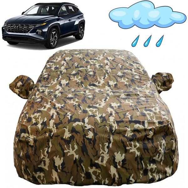 Autofact Tucson Car Cover - FlexGuard - Waterproof Car Body Cover for Hyundai Tucson - With Mirror Pockets, Triple Stitched, Bottom Fully Elastic, Adjustable Belt and Buckle (Camouflage)