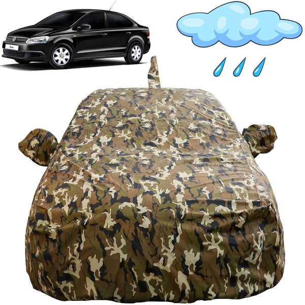 Autofact Vento Car Cover - FlexGuard - Waterproof Car Body Cover for Volkswagen Vento - With Mirror & Antenna Pockets, Triple Stitched, Bottom Fully Elastic, Adjustable Belt and Buckle (Camouflage)