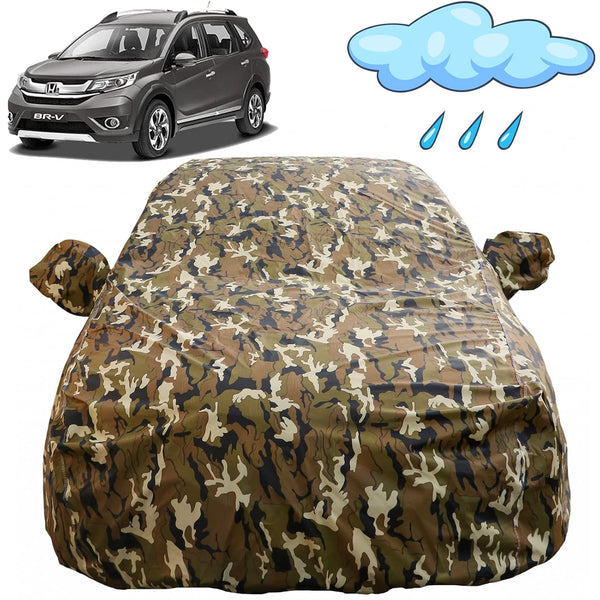 Autofact BRV Car Cover - FlexGuard - Waterproof Car Body Cover for Honda BRV - With Mirror Pockets, Triple Stitched, Bottom Fully Elastic, Adjustable Belt and Buckle (Camouflage)