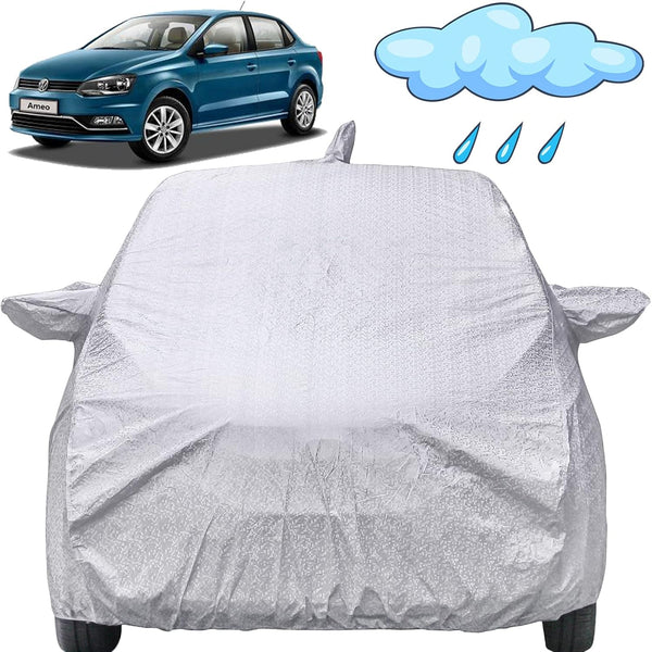 Autofact Ameo Car Cover - FlexGuard - Waterproof Car Body Cover for Volkswagen Ameo - With Mirror & Antenna Pockets, Triple Stitched, Bottom Fully Elastic, Adjustable Belt and Buckle (Silver)