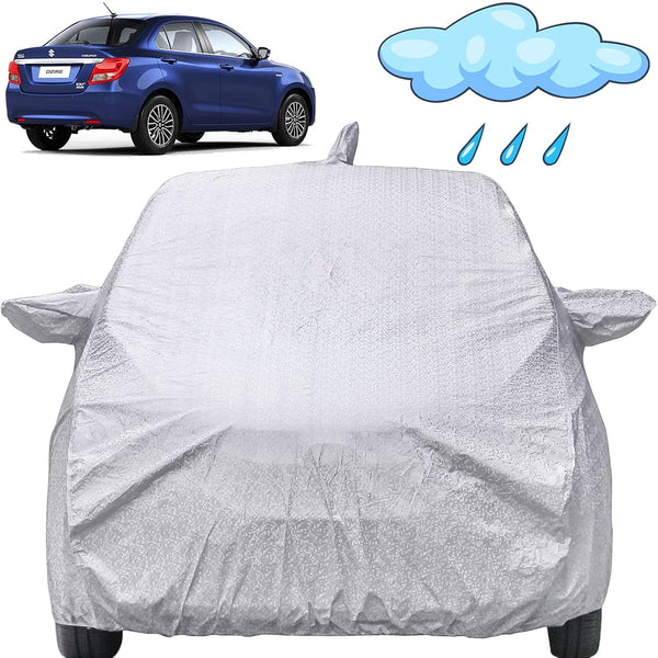 Autofact Swift Dzire New Model Car Cover - FlexGuard - Waterproof Car Body Cover for Maruti Swift Dzire New Model - With Mirror & Antenna Pockets, Triple Stitched, Bottom Fully Elastic, Adjustable Belt and Buckle (Silver)