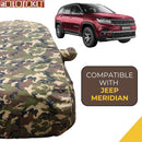 Autofact Meridian Car Cover - TearTough - Dog Proof / Waterproof Car Body Cover for Jeep Meridian - With Mirror Pockets, Triple Stitched, Bottom Fully Elastic, Adjustable Belt and Buckle (Jungle Print 4x4)