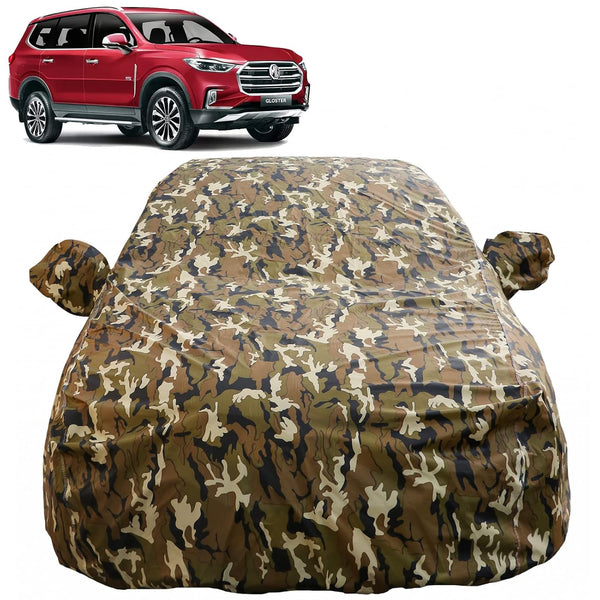 Autofact Gloster Car Cover - FlexGuard - Waterproof Car Body Cover for MG Gloster - With Mirror Pockets, Triple Stitched, Bottom Fully Elastic, Adjustable Belt and Buckle (Camouflage)