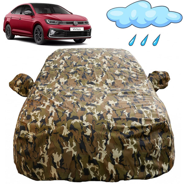 Autofact Virtus Car Cover - FlexGuard - Waterproof Car Body Cover for Volkswagen Virtus - With Mirror Pockets, Triple Stitched, Bottom Fully Elastic, Adjustable Belt and Buckle (Camouflage)