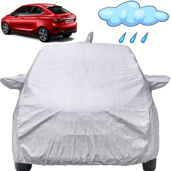 Autofact Tigor Car Cover - FlexGuard - Waterproof Car Body Cover for Tata Tigor - With Mirror & Antenna Pockets, Triple Stitched, Bottom Fully Elastic, Adjustable Belt and Buckle (Silver)