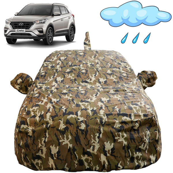 Autofact Creta New Car Cover - FlexGuard - Waterproof Car Body Cover for Hyundai Creta New - With Mirror Pockets, Triple Stitched, Bottom Fully Elastic, Adjustable Belt and Buckle (Camouflage)