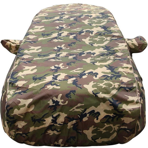 Autofact Figo Car Cover - TearTough - Dog Proof / Waterproof Car Body Cover for Ford Figo - With Mirror Pockets, Triple Stitched, Bottom Fully Elastic, Adjustable Belt and Buckle (Jungle Print 4x4)