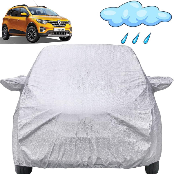 Autofact Triber Car Cover - FlexGuard - Waterproof Car Body Cover for Renaults Triber - With Mirror Pockets, Triple Stitched, Bottom Fully Elastic, Adjustable Belt and Buckle (Silver)