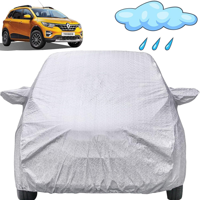 Autofact Triber Car Cover - FlexGuard - Waterproof Car Body Cover for Renaults Triber - With Mirror Pockets, Triple Stitched, Bottom Fully Elastic, Adjustable Belt and Buckle (Silver)