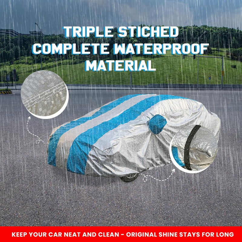 Autofact 3 Series Car Cover - FlexGuard - Waterproof Car Body Cover for BMW 3 Series - With Mirror Pockets, Triple Stitched, Bottom Fully Elastic, Adjustable Belt and Buckle (Silver / Blue Stripes)