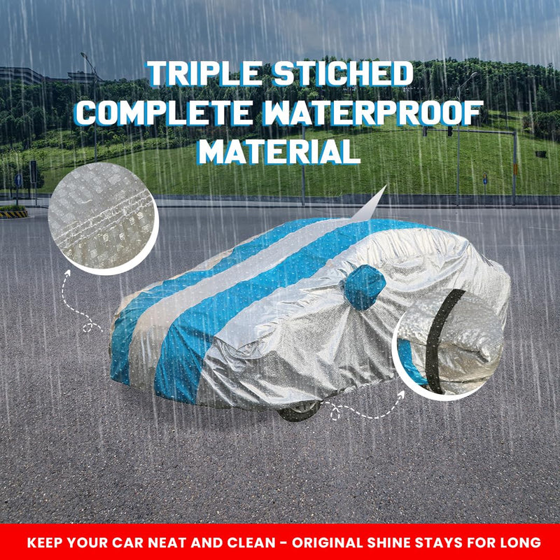 Autofact Swift Car Cover - FlexGuard - Waterproof Car Body Cover for Maruti Swift - With Mirror & Antenna Pockets, Triple Stitched, Bottom Fully Elastic, Adjustable Belt and Buckle (Silver / Blue Stripes)