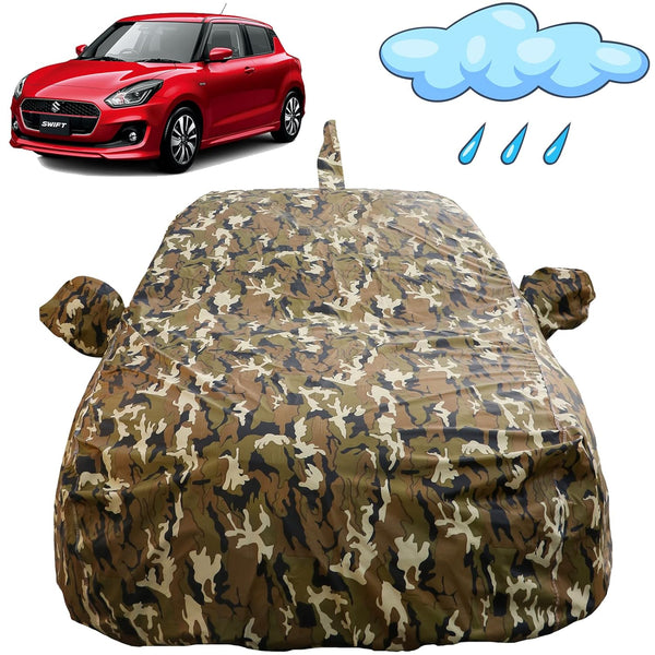 Autofact Swift Car Cover - FlexGuard - Waterproof Car Body Cover for Maruti Swift - With Mirror & Antenna Pockets, Triple Stitched, Bottom Fully Elastic, Adjustable Belt and Buckle (Camouflage)