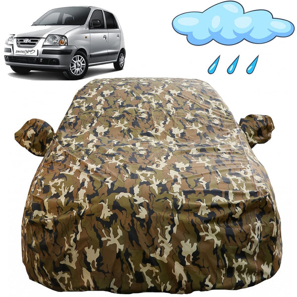 Autofact Santro Xing Car Cover - FlexGuard - Waterproof Car Body Cover for Hyundai Santro Xing - With Mirror Pockets, Triple Stitched, Bottom Fully Elastic, Adjustable Belt and Buckle (Camouflage)