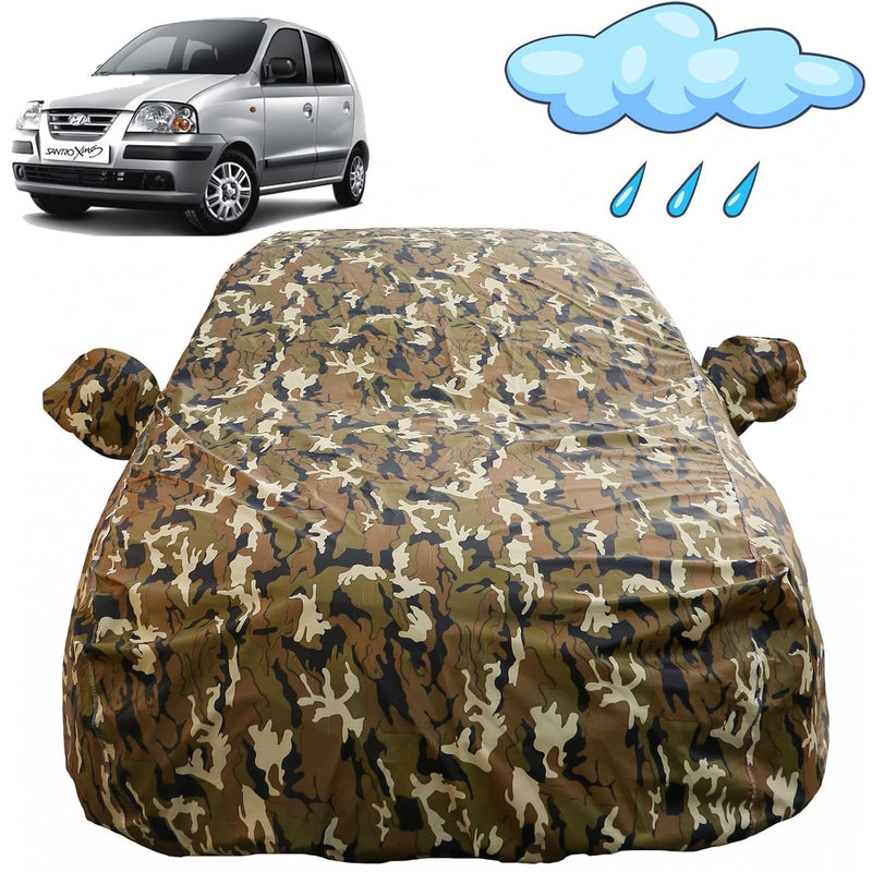 Autofact Santro Xing Car Cover - FlexGuard - Waterproof Car Body Cover for Hyundai Santro Xing - With Mirror Pockets, Triple Stitched, Bottom Fully Elastic, Adjustable Belt and Buckle (Camouflage)
