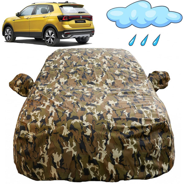 Autofact Taigun Car Cover - FlexGuard - Waterproof Car Body Cover for Volkswagen Taigun - With Mirror Pockets, Triple Stitched, Bottom Fully Elastic, Adjustable Belt and Buckle (Camouflage)