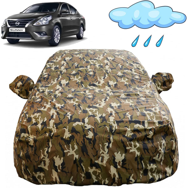 Autofact Sunny Car Cover - FlexGuard - Waterproof Car Body Cover for Nissan Sunny - With Mirror Pockets, Triple Stitched, Bottom Fully Elastic, Adjustable Belt and Buckle (Camouflage)