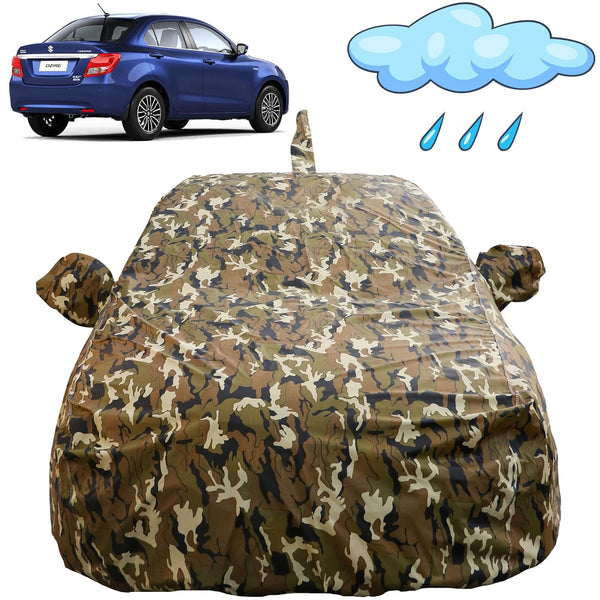 Autofact Swift Dzire New Model Car Cover - FlexGuard - Waterproof Car Body Cover for Maruti Swift Dzire New Model - With Mirror & Antenna Pockets, Triple Stitched, Bottom Fully Elastic, Adjustable Belt and Buckle (Camouflage)