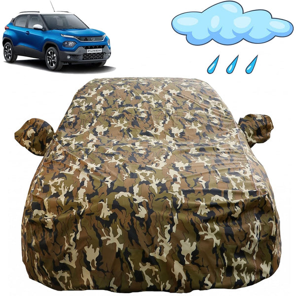 Autofact Punch Car Cover - FlexGuard - Waterproof Car Body Cover for Tata Punch - With Mirror Pockets, Triple Stitched, Bottom Fully Elastic, Adjustable Belt and Buckle (Camouflage)
