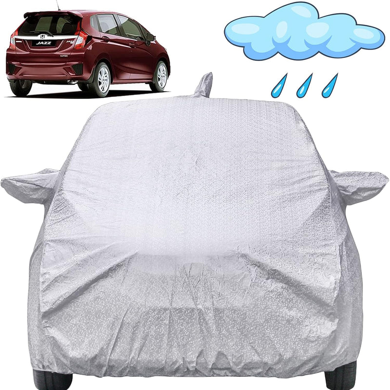 Autofact Jazz Car Cover - FlexGuard - Waterproof Car Body Cover for Honda Jazz - With Mirror & Antenna Pockets, Triple Stitched, Bottom Fully Elastic, Adjustable Belt and Buckle (Silver)