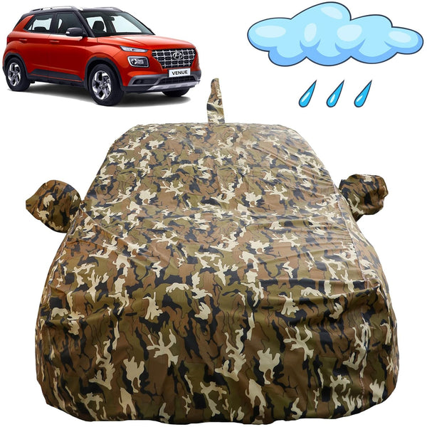 Autofact Venue Car Cover - FlexGuard - Waterproof Car Body Cover for Hyundai Venue - With Mirror & Antenna Pockets, Triple Stitched, Bottom Fully Elastic, Adjustable Belt and Buckle (Camouflage)