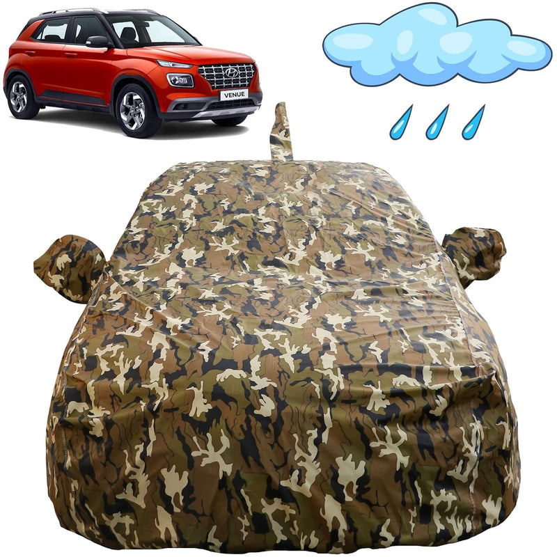 Autofact Venue Car Cover - FlexGuard - Waterproof Car Body Cover for Hyundai Venue - With Mirror & Antenna Pockets, Triple Stitched, Bottom Fully Elastic, Adjustable Belt and Buckle (Camouflage)