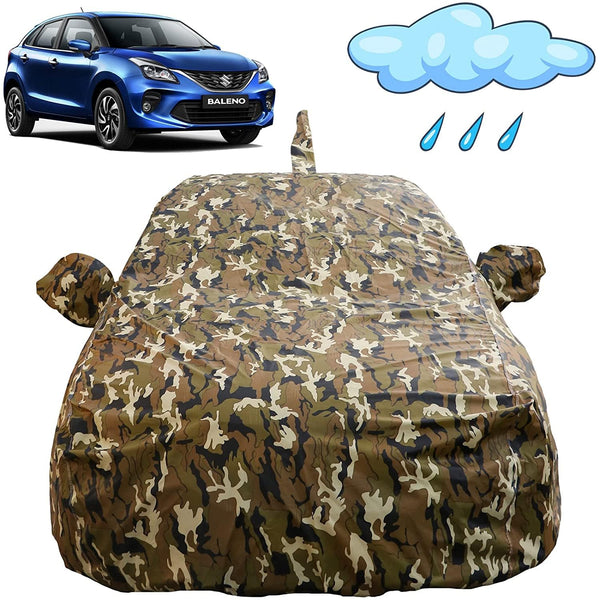 Autofact Baleno Car Cover - FlexGuard - Waterproof Car Body Cover for Maruti Baleno - With Mirror & Antenna Pockets, Triple Stitched, Bottom Fully Elastic, Adjustable Belt and Buckle (Camouflage)