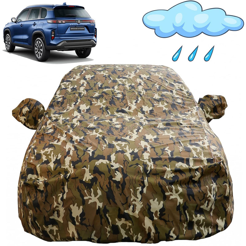Autofact Grand Vitara Car Cover - FlexGuard - Waterproof Car Body Cover for Maruti Grand Vitara - With Mirror Pockets, Triple Stitched, Bottom Fully Elastic, Adjustable Belt and Buckle (Camouflage)