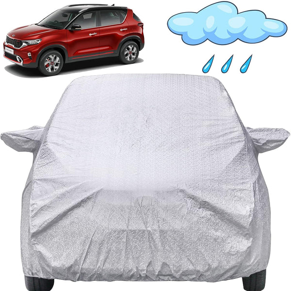 Autofact Sonet Car Cover - FlexGuard - Waterproof Car Body Cover for Kia Sonet - With Mirror Pockets, Triple Stitched, Bottom Fully Elastic, Adjustable Belt and Buckle (Silver)