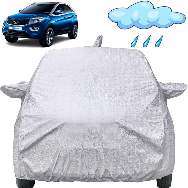 Autofact Nexon Car Cover - FlexGuard - Waterproof Car Body Cover for Tata Nexon - With Mirror & Antenna Pockets, Triple Stitched, Bottom Fully Elastic, Adjustable Belt and Buckle (Silver)