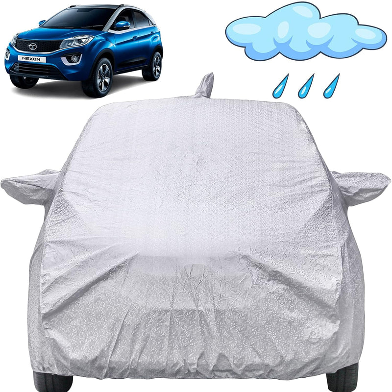 Autofact Nexon Car Cover - FlexGuard - Waterproof Car Body Cover for Tata Nexon - With Mirror & Antenna Pockets, Triple Stitched, Bottom Fully Elastic, Adjustable Belt and Buckle (Silver)