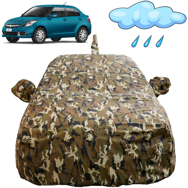 Autofact Swift Dzire 2012 to 2016 Car Cover - FlexGuard - Waterproof Car Body Cover for Maruti Swift Dzire 2012 to 2016 - With Mirror & Antenna Pockets, Triple Stitched, Bottom Fully Elastic, Adjustable Belt and Buckle (Camouflage)