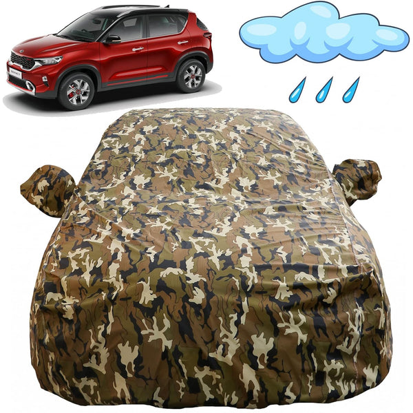 Autofact Sonet Car Cover - FlexGuard - Waterproof Car Body Cover for Kia Sonet - With Mirror Pockets, Triple Stitched, Bottom Fully Elastic, Adjustable Belt and Buckle (Camouflage)