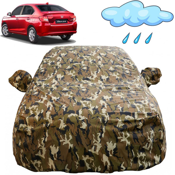 Autofact Amaze New Model Car Cover - FlexGuard - Waterproof Car Body Cover for Honda Amaze New Model - With Mirror Pockets, Triple Stitched, Bottom Fully Elastic, Adjustable Belt and Buckle (Camouflage)